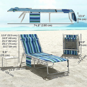 Tanning Chair with Face Hole and Side Table, Folding Outdoor Lounge Chair with Carry Straps, Side Pocket, Blue Stripe