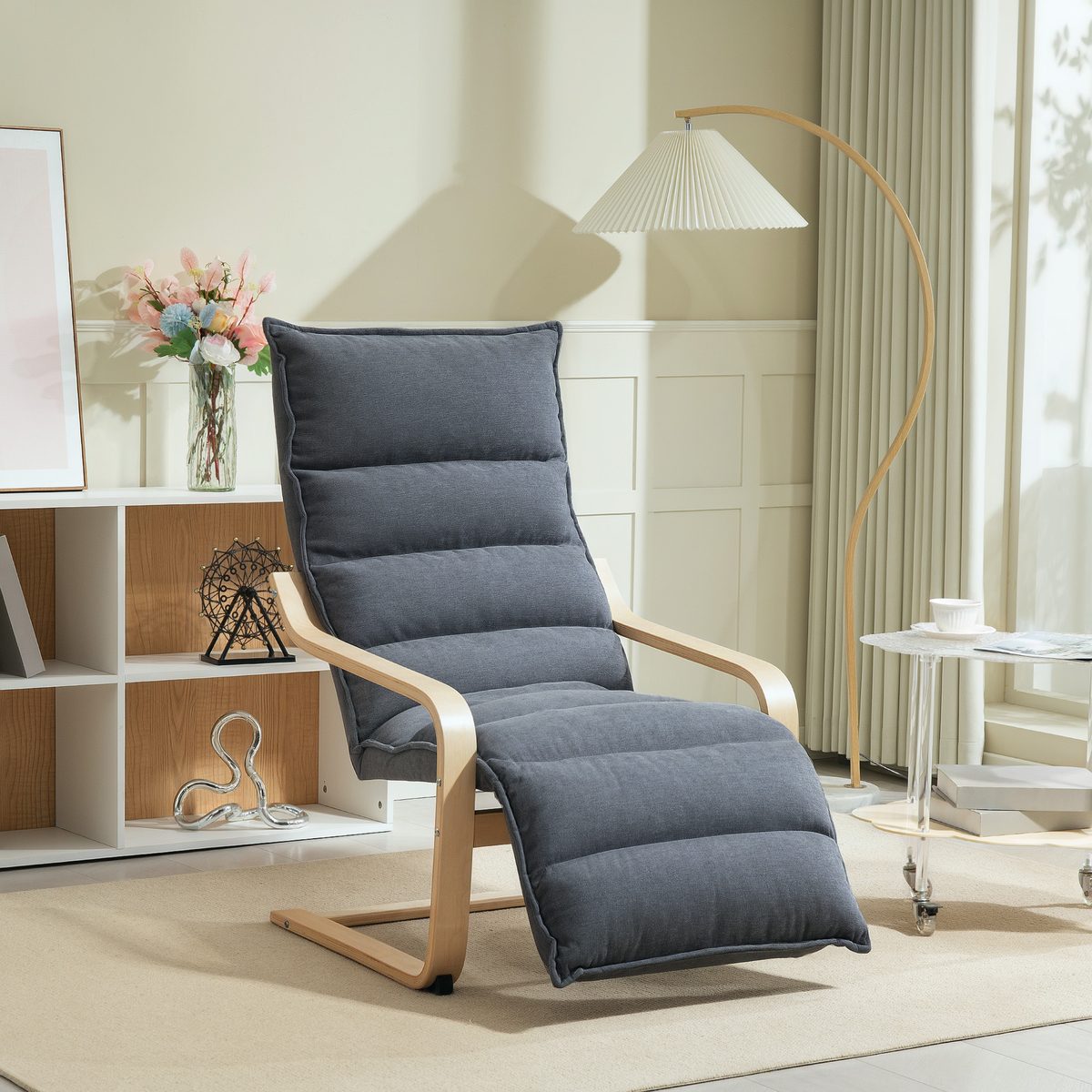  Accent Chair, Velvet Upholstered Living Room Chair with Footrest, Wood Frame, Dark Grey