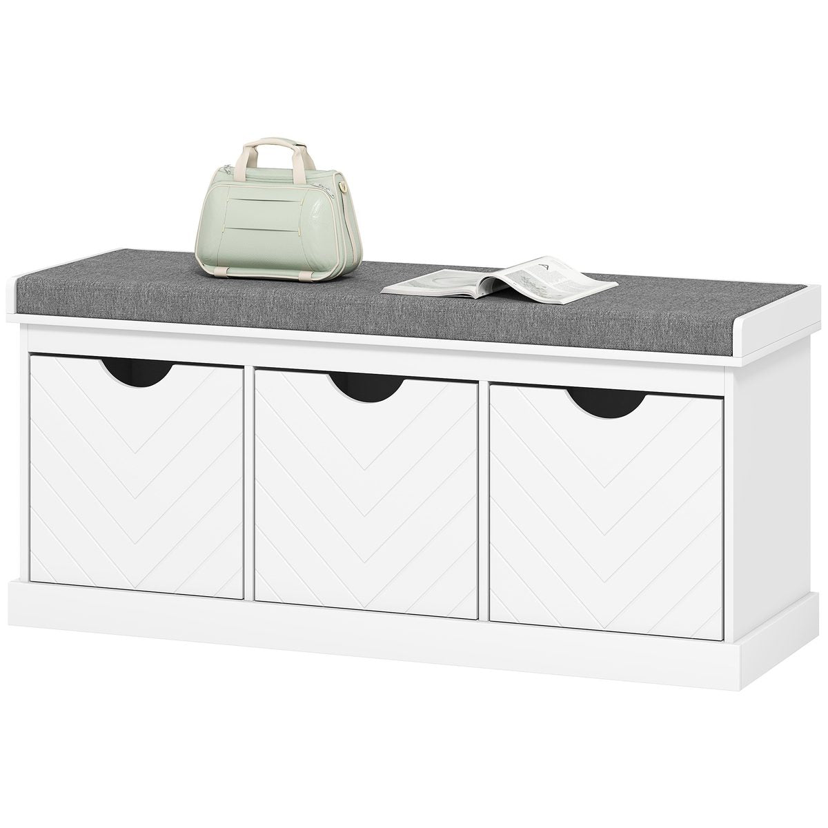  Shoe Storage Bench, Linen-Look Entryway Bench with 3 Removable Drawers and Padded Seat Cushion for Hallway, White