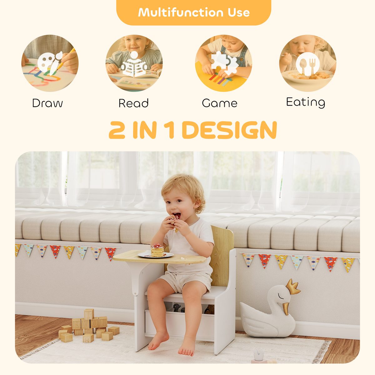 Qaba Kids Table and Chair Set, Children Desk and Chair with Storage Bin for Playing, Reading, Painting, for Ages 3-5, White