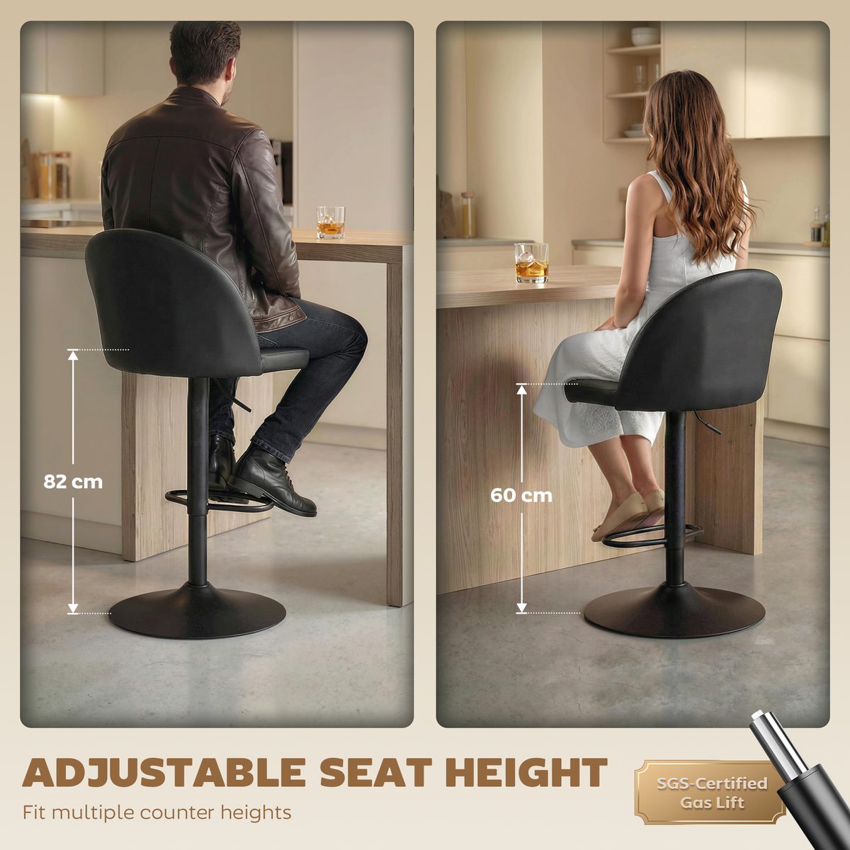  Bar Stools Set of 2, Swivel Counter Height Barstools with Footrest, Black
