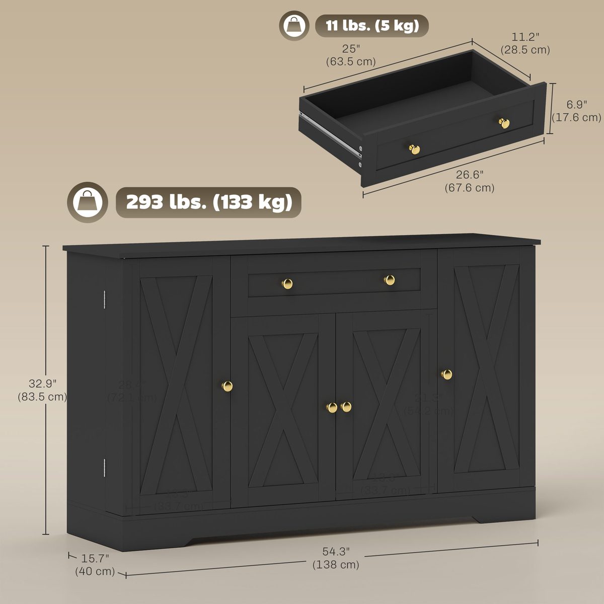  Sideboard Buffet Cabinet, Farmhouse Coffee Bar Cabinet with Door Shelves, Adjustable Shelves, Drawer, Barn Doors, Black