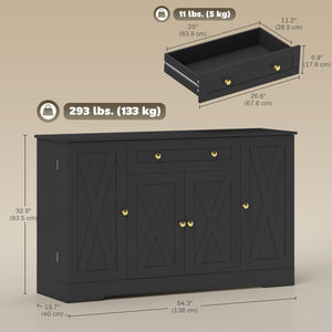  Sideboard Buffet Cabinet, Farmhouse Coffee Bar Cabinet with Door Shelves, Adjustable Shelves, Drawer, Barn Doors, Black