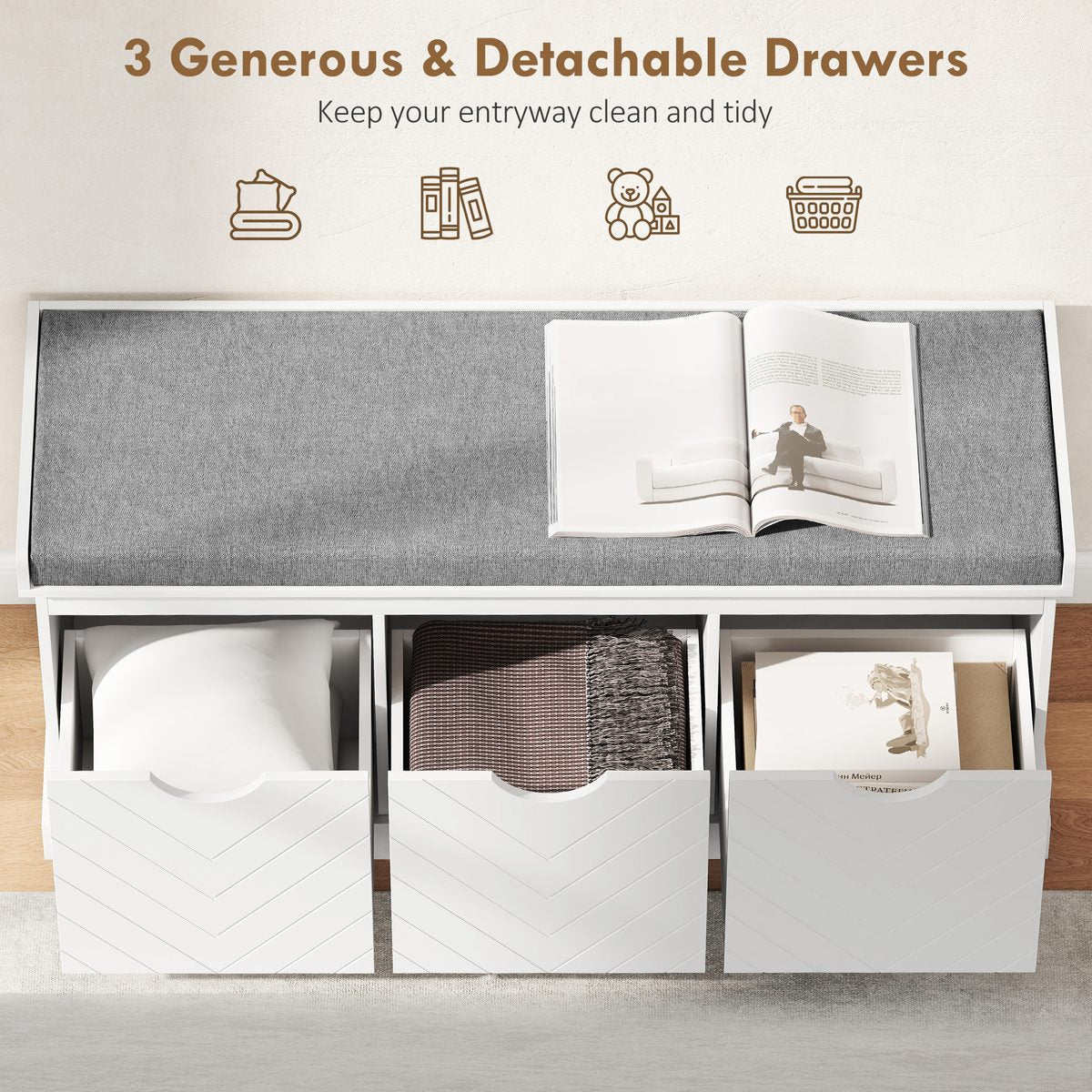  Shoe Storage Bench, Linen-Look Entryway Bench with 3 Removable Drawers and Padded Seat Cushion for Hallway, White