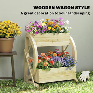  Wooden Wagon Planter Box, 2-Tier Raised Garden Bed, for Vegetables Flowers Herbs, Natural