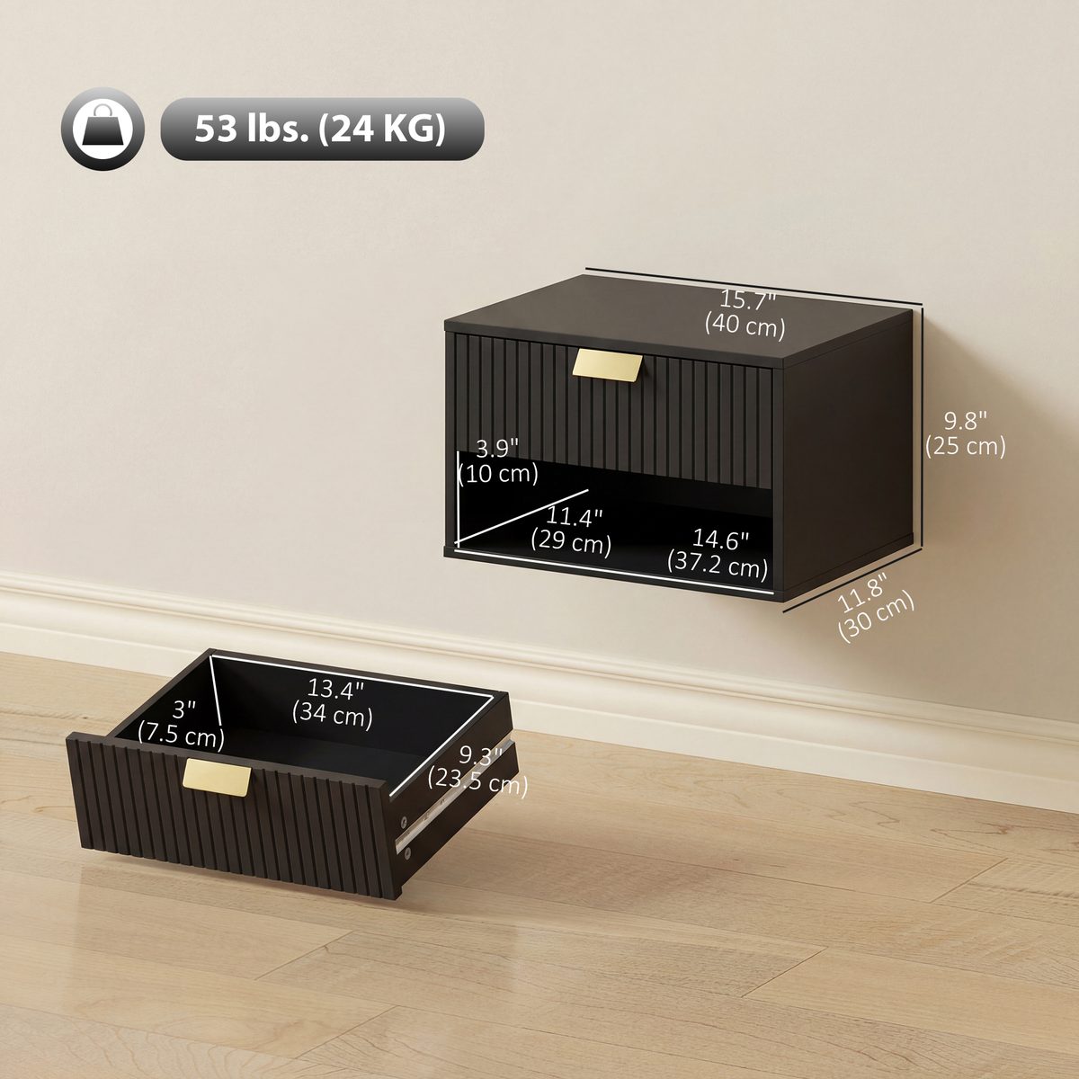  Set of 2 Wall Mounted Bedside Tables, Floating Nightstands with Fluted Drawer and Open Shelf for Bedroom, Black