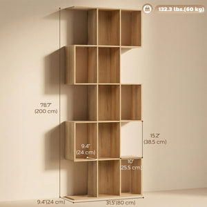  5-Tier Bookshelf, S Shaped Geometric Bookcase with 15 Compartments, Oak