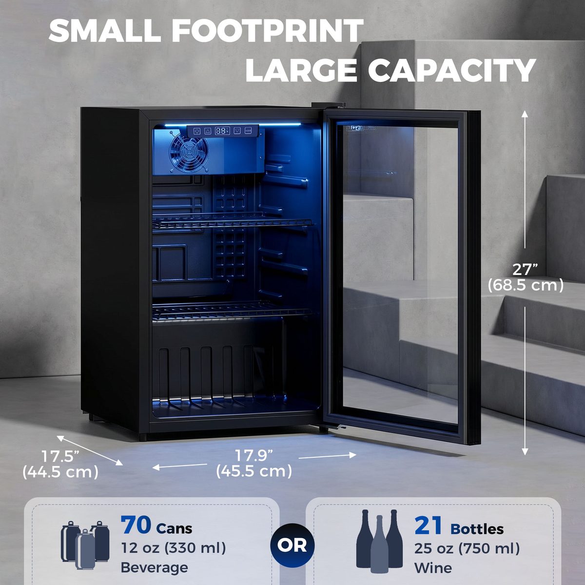  2.4 Cu.Ft Beverage Refrigerator, 70 Can Beverage Fridge Cooler with Double-Layer Glass Door
