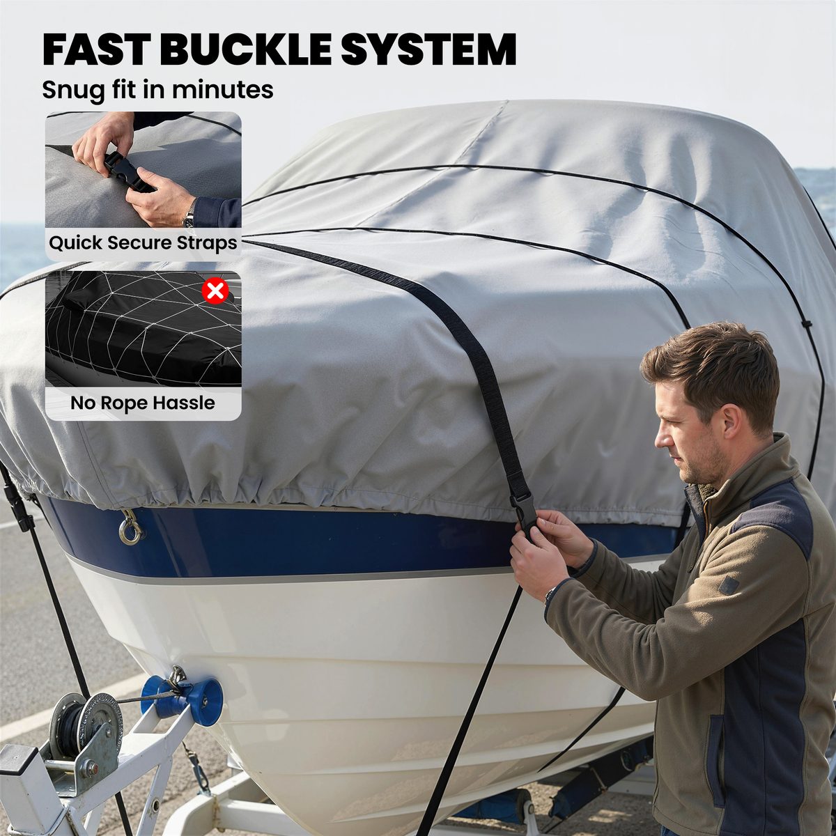  22-24 Ft Trailer Boat Cover, 3000mm Waterproof Universal Boat Cover with Quick-Fasten Buckles, Light Grey