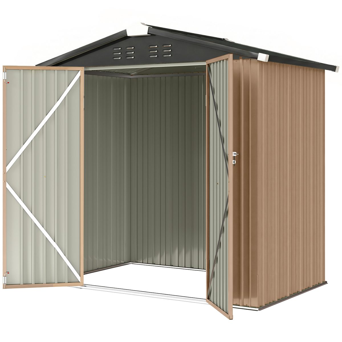  6.5' x 4'  Outdoor Storage Shed, Metal Garden Shed with Lockable Double Doors, 4 Vents, Brown