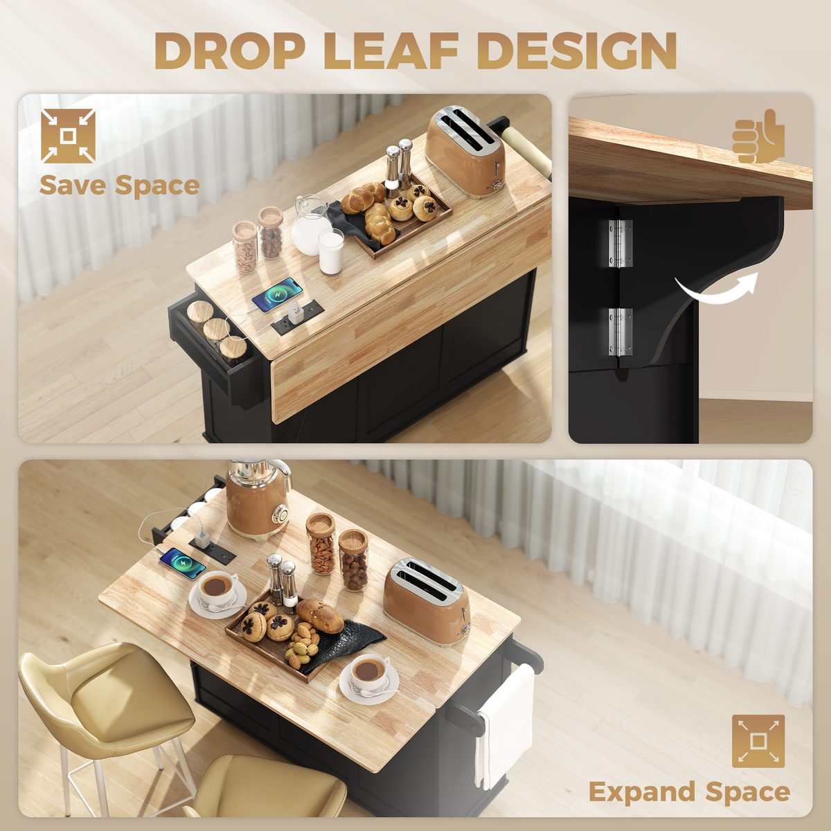  Kitchen Island on Wheels with Drop Leaf, Charging Station, Rolling Kitchen Cart with Wood Top, Adjustable Shelf, Black