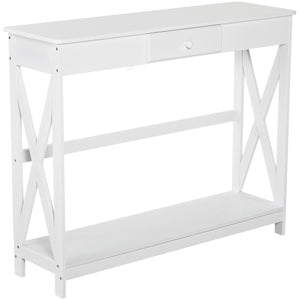  39" Console Table, 2 Tier X-Design Narrow Entryway Table with Drawer and Storage Shelf for Behind Couch, Living Room, Hallway, White