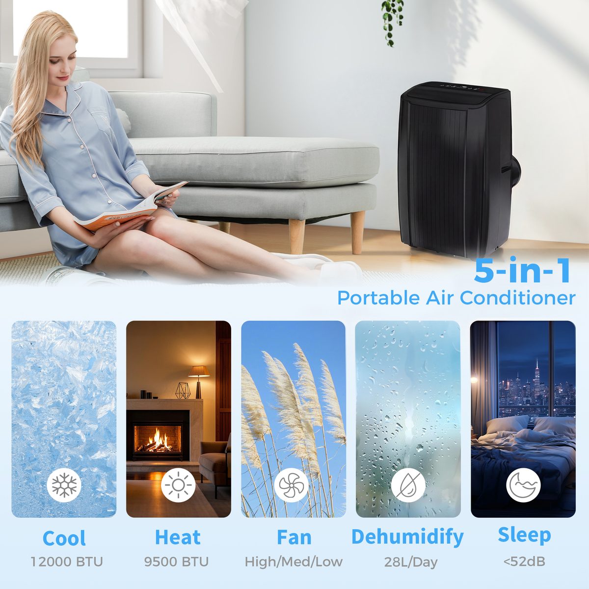  12000 BTU 5-in-1 Portable Air Conditioner with Cool, Heat, Dehumidifier, Fan, Sleep, WiFi Voice Control, Black