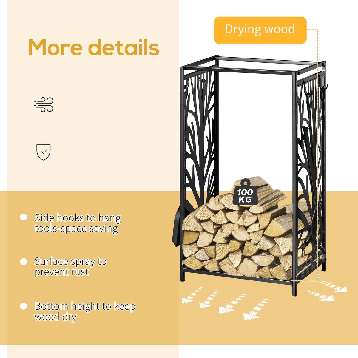  18.1" x 11.8" x 27.6" Firewood Rack with 4 Tools, Log Holder for Fireplace, Outdoor Indoor Wood Storage Stacker, Black