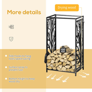  18.1" x 11.8" x 27.6" Firewood Rack with 4 Tools, Log Holder for Fireplace, Outdoor Indoor Wood Storage Stacker, Black