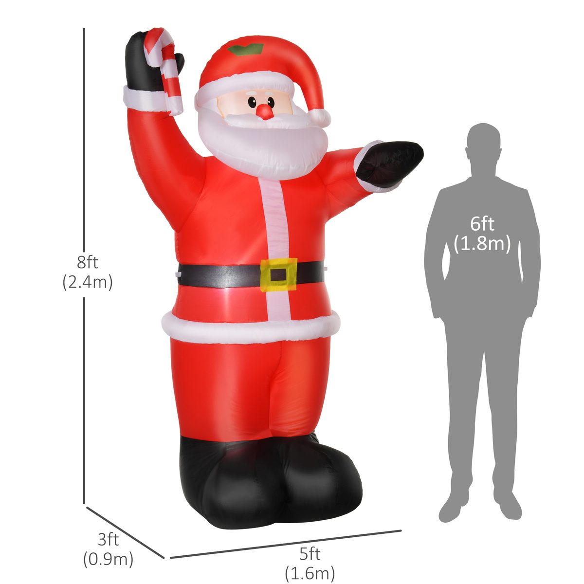  8ft Inflatable Christmas Santa Claus with Candy Cane, Blow-Up Outdoor LED Yard Display for Lawn Garden Party