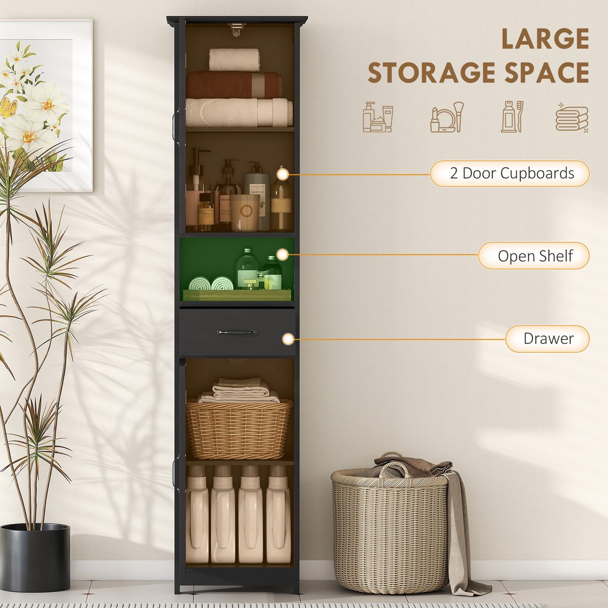  Modern Bathroom Cabinet, Narrow Bathroom Vanities with Open Shelf Drawer Recessed Doors and Adjustable Shelves Black