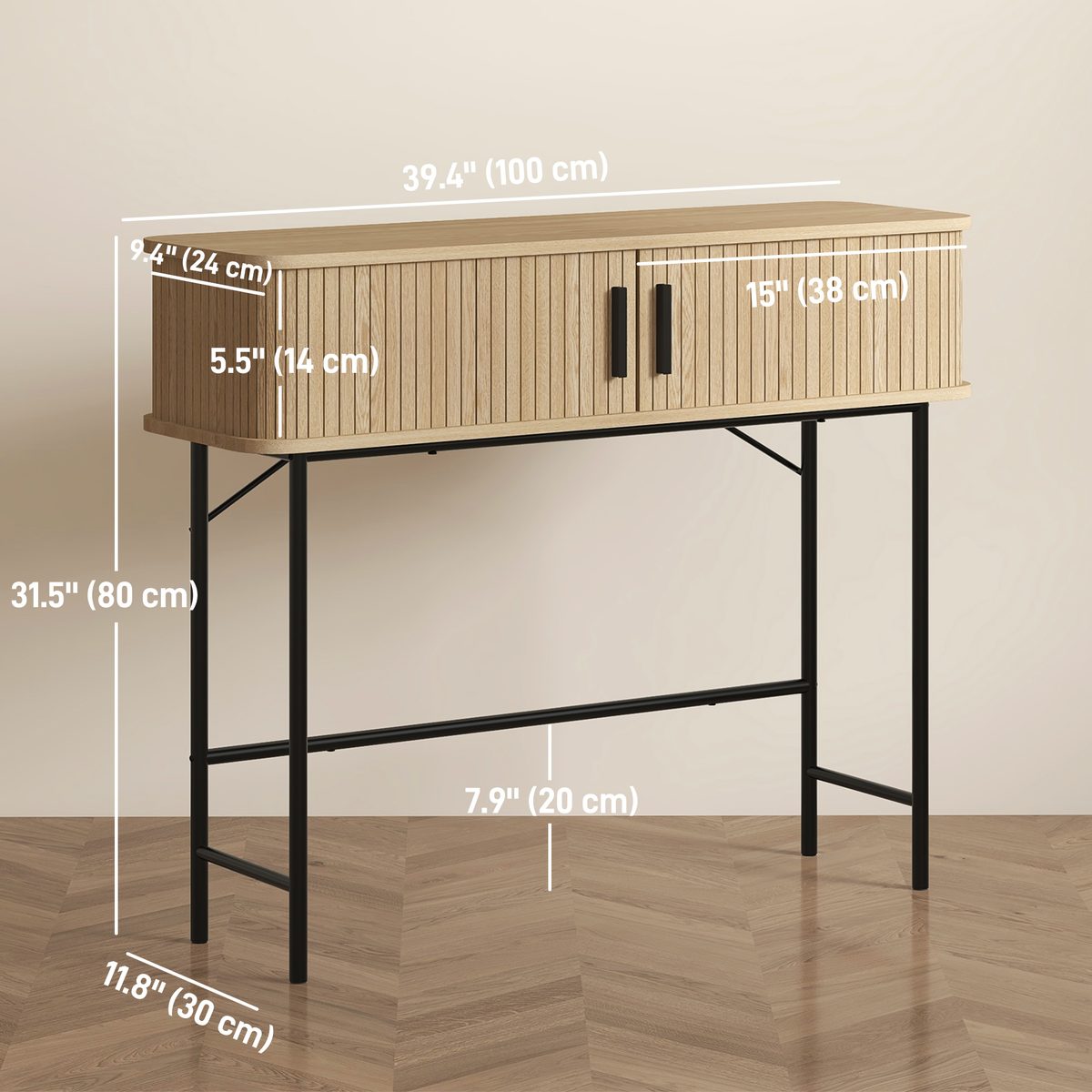  Mid-Century Entryway Table, Narrow Console Table with Storage Compartments for Behind Couch, Living Room, Oak and Black