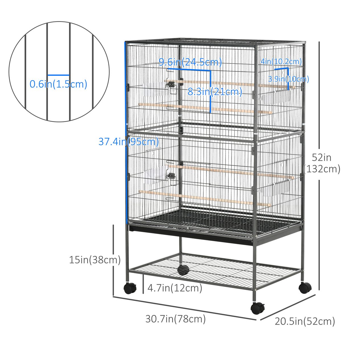  52'' Large Rolling Steel Bird Cage Bird House with Rolling Stand, Storage Shelf, Wood Perch, Food Container, Dark Grey