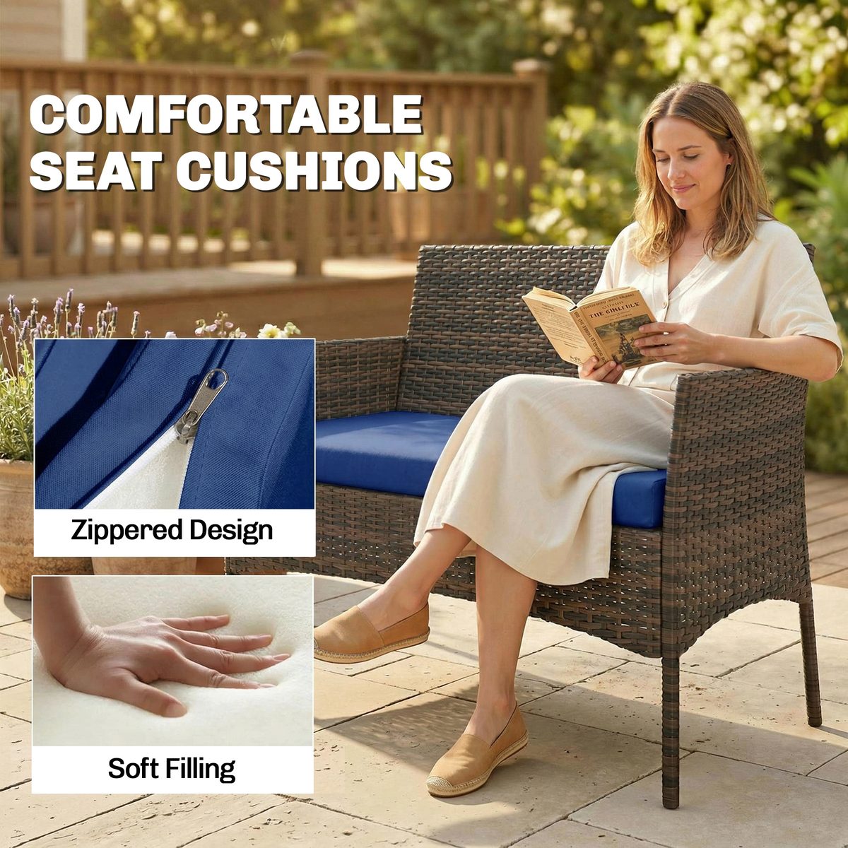  4 Pieces Wicker Outdoor Balcony Furniture Set Rattan Patio Furniture Set with Loveseat Chairs Glass Coffee Table Navy Blue