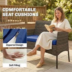  4 Pieces Wicker Outdoor Balcony Furniture Set Rattan Patio Furniture Set with Loveseat Chairs Glass Coffee Table Navy Blue