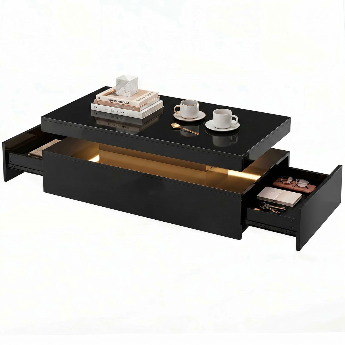  LED Coffee Table with Storage, 2-Tier Modern Center Table with 2 Drawers for Living Room, High Gloss Black