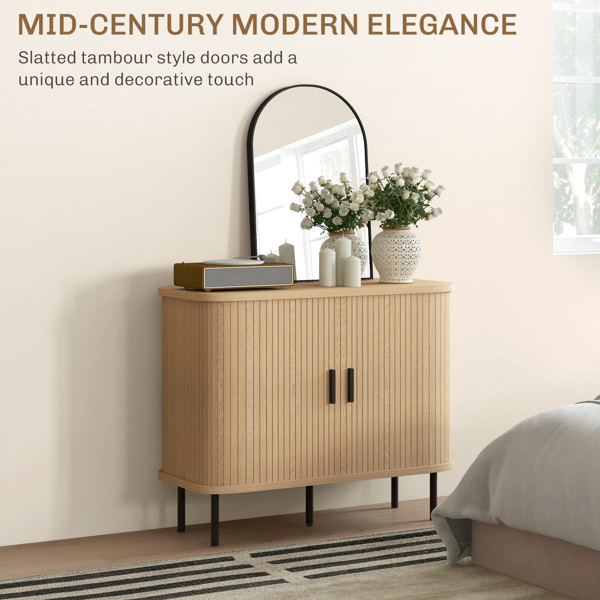  35.4" Sideboard Buffet Cabinet with Storage, Nordic Coffee Bar Cabinet with Slatted Tambour Doors and Metal Legs, Oak