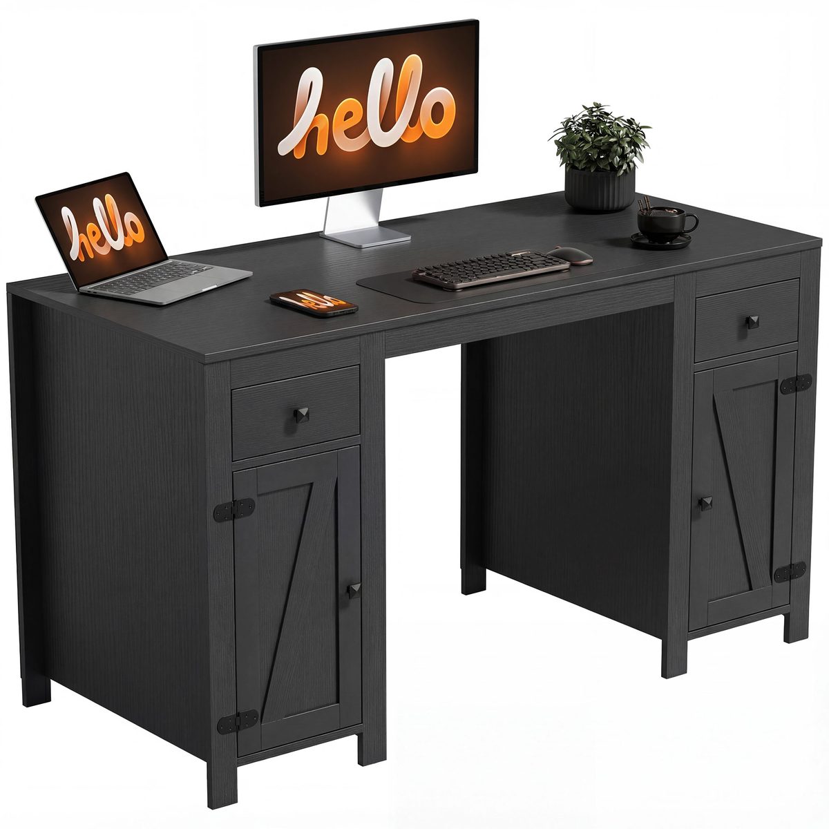  53" Farmhouse Executive Desk, Computer Desk with Drawers and 2 Cabinets, Study Table for Home Office, Black Wood Grain