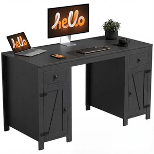  53" Farmhouse Executive Desk, Computer Desk with Drawers and 2 Cabinets, Study Table for Home Office, Black Wood Grain
