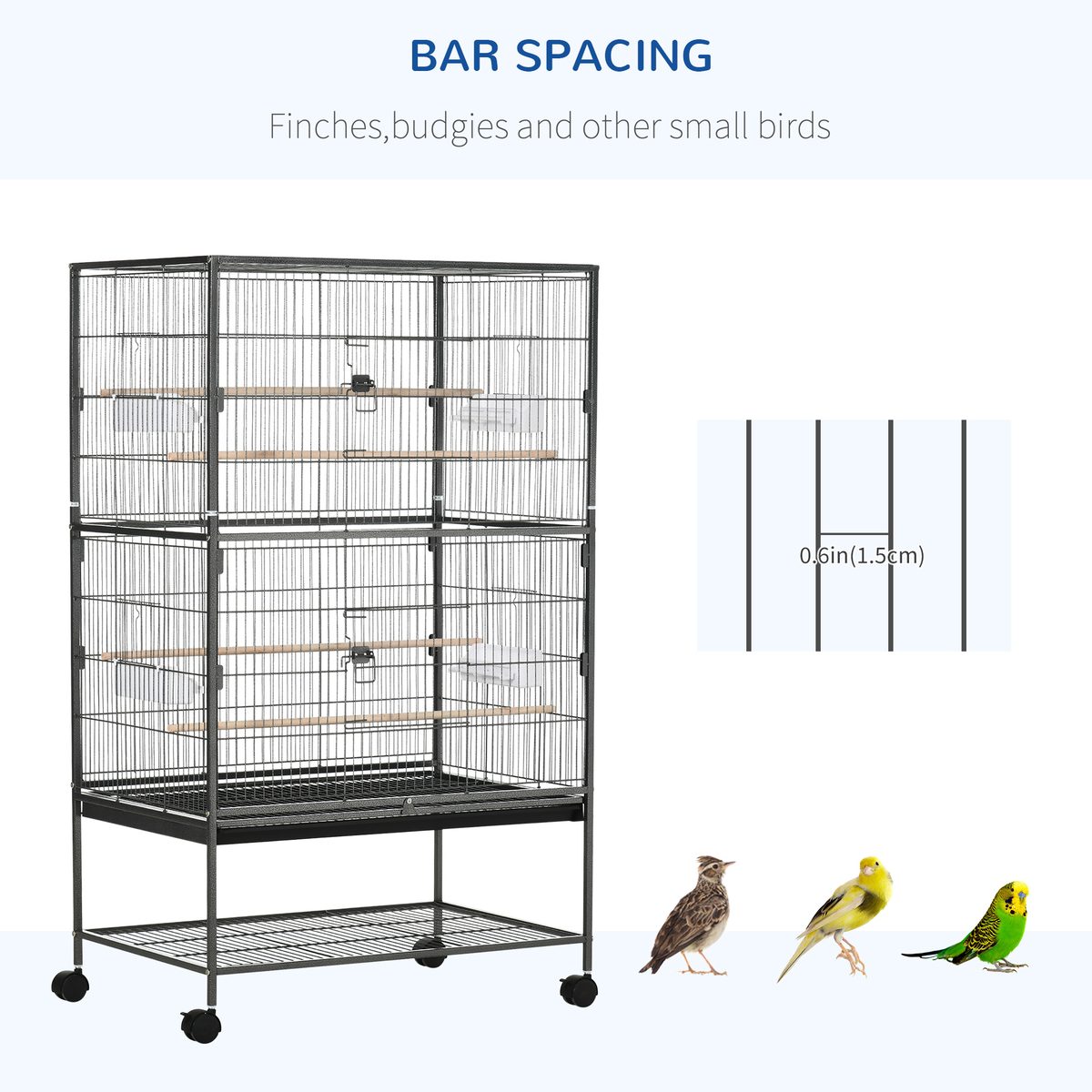  52'' Large Rolling Steel Bird Cage Bird House with Rolling Stand, Storage Shelf, Wood Perch, Food Container, Dark Grey