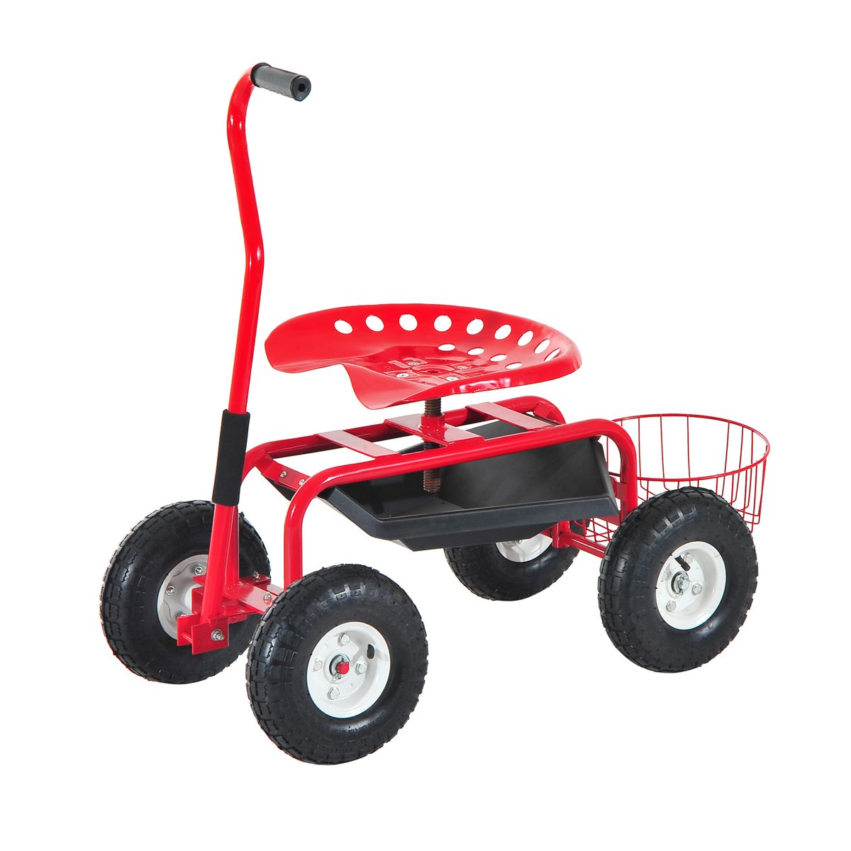  Garden Scooter, Rolling Cart with Swivel and Adjustable Seat, Tool Tray, Bucket Basket, Red and Black