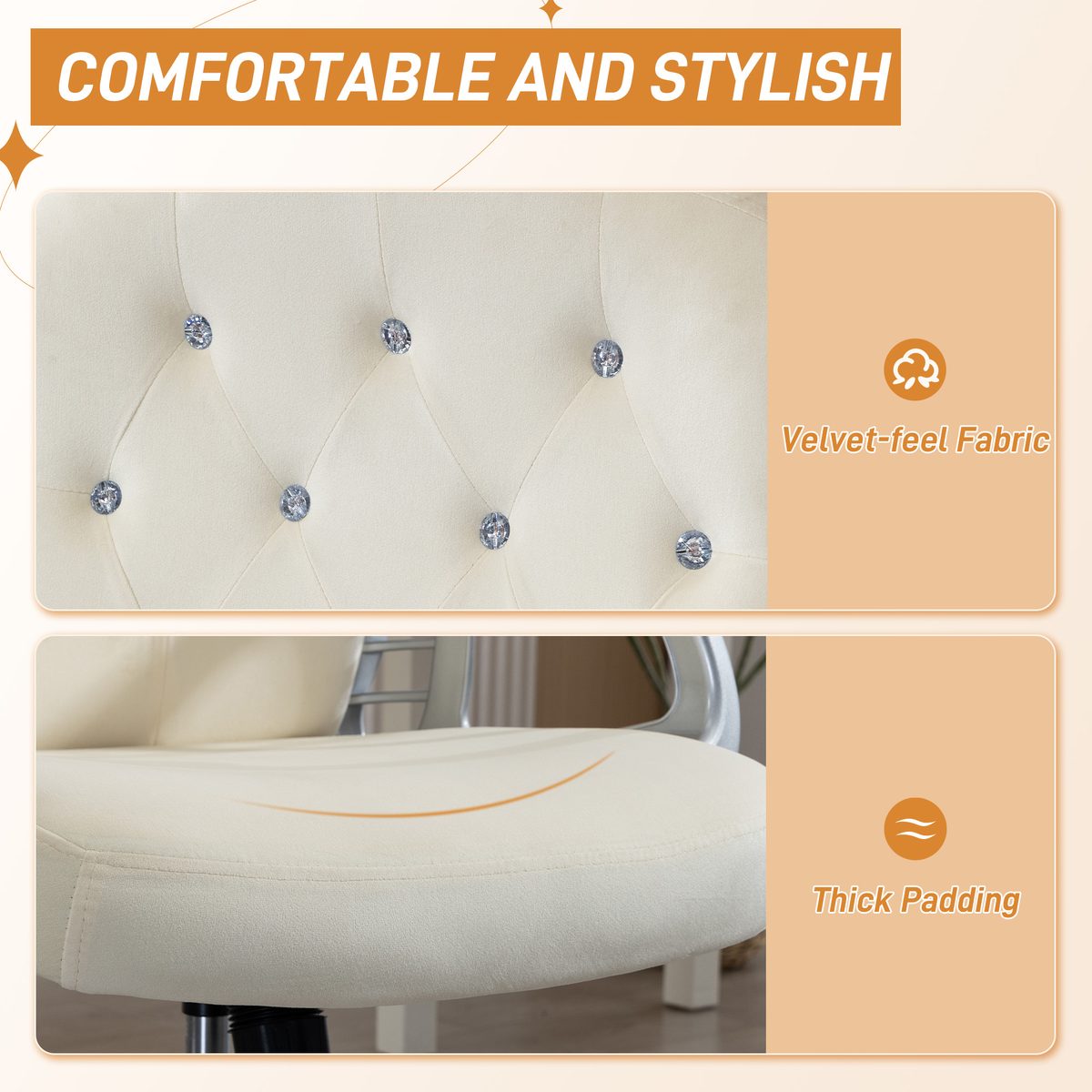  Vanity Office Chair, Velvet Computer Desk Chair with Swivel Wheels, Adjustable Height, Tilt Function, Beige