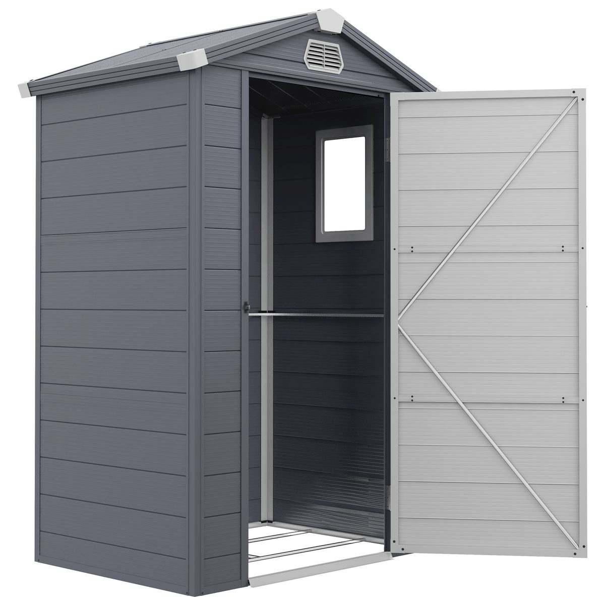  4.4' x 3.3' Plastic Garden Storage Shed with Latch Door, Vents, Sloped Roof, Grey