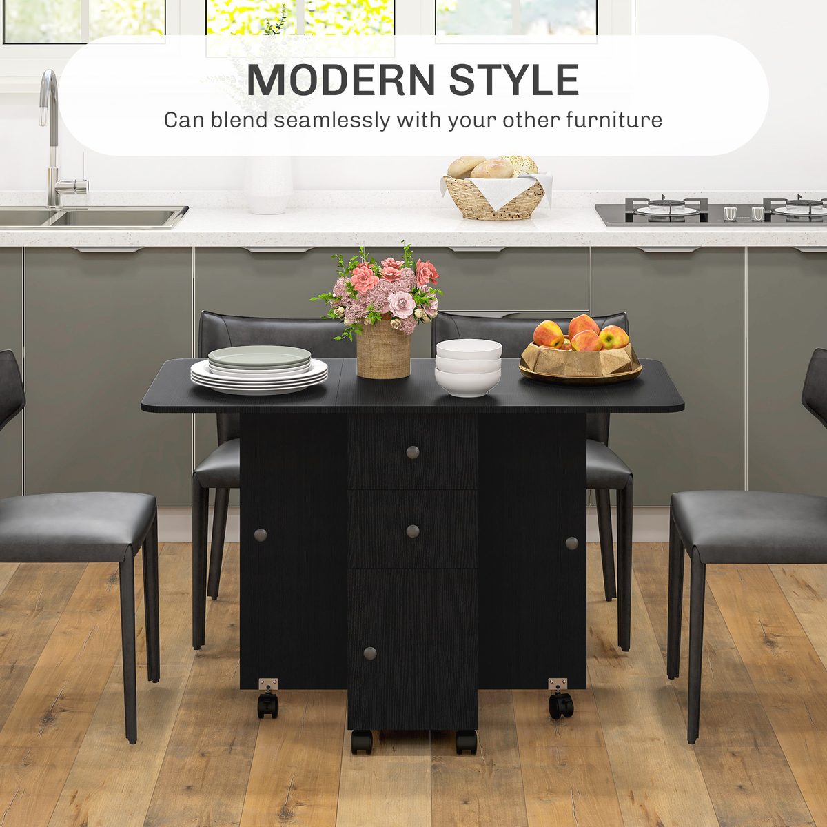 Drop Leaf Dining Table, Mobile Folding Table on Wheels with Drawers and Cabinet for Dining Room, Kitchen – view 4