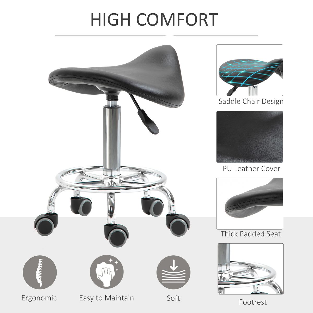  Saddle Stool, PU Leather Adjustable Rolling Salon Chair for Massage, Spa, Clinic, Beauty and Tattoo, Black