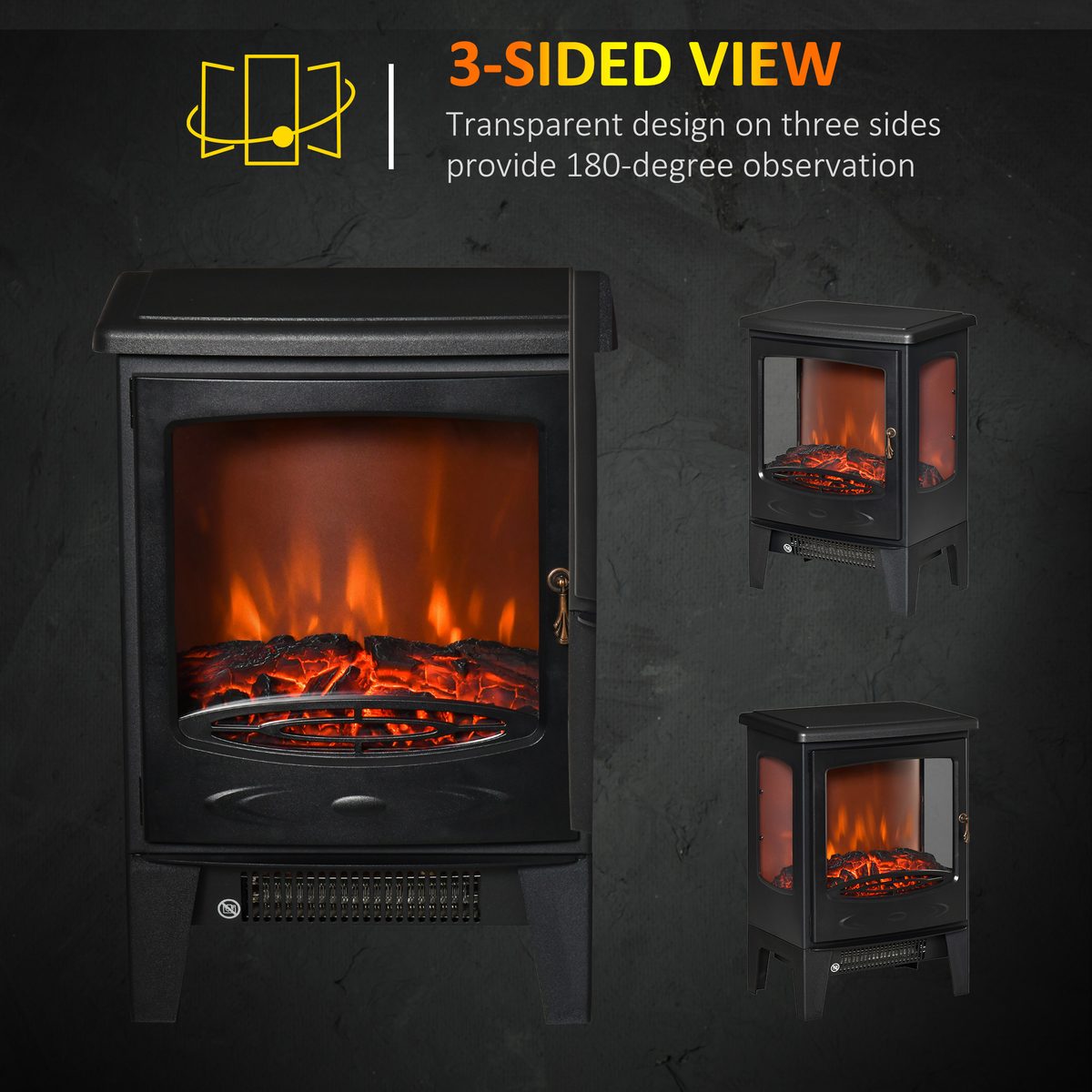  Electric Fireplace Heater, Freestanding Fireplace Stove with Realistic Adjustable Flame Effect and Adjustable Temperature, Overheating Safety Protection, 750W/1500W, Black