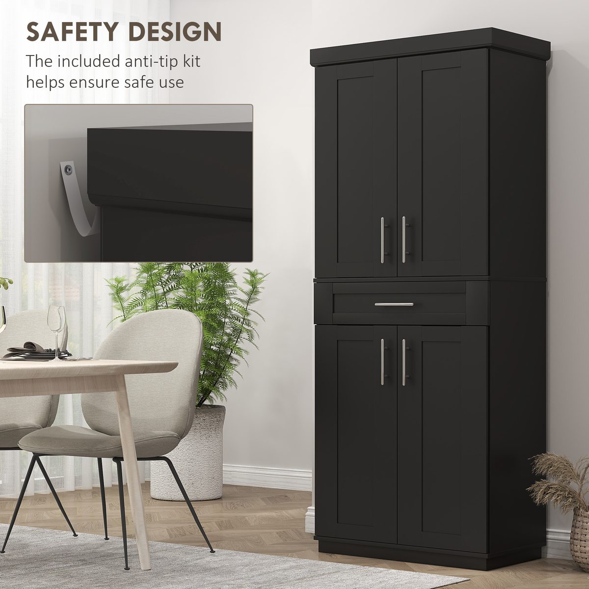  72" Storage Cabinet, Freestanding Kitchen Pantry Cabinet with 4 Doors, Drawer and 3 Adjustable Shelves, Black