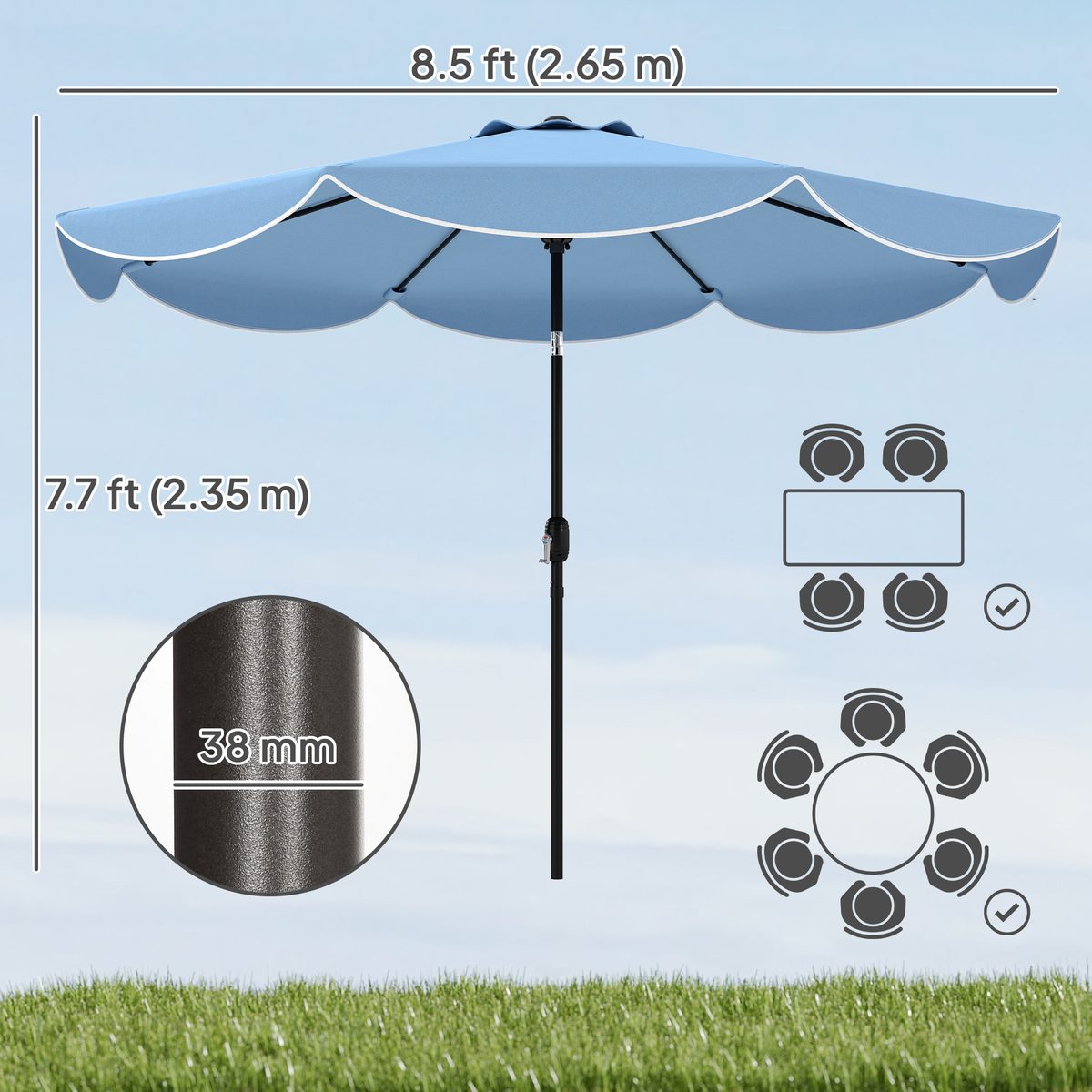  9' x 9' Round Market Umbrella with Valance, Patio Umbrella with Tilt and Crank, for Garden, Deck, Poolside, Sky Blue