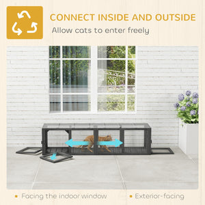  Outdoor Cat Tunnel, Wooden Play Cat Enclosure, Extendable Pet Run with 3 Doors, for Indoor and Outdoor Use, Grey
