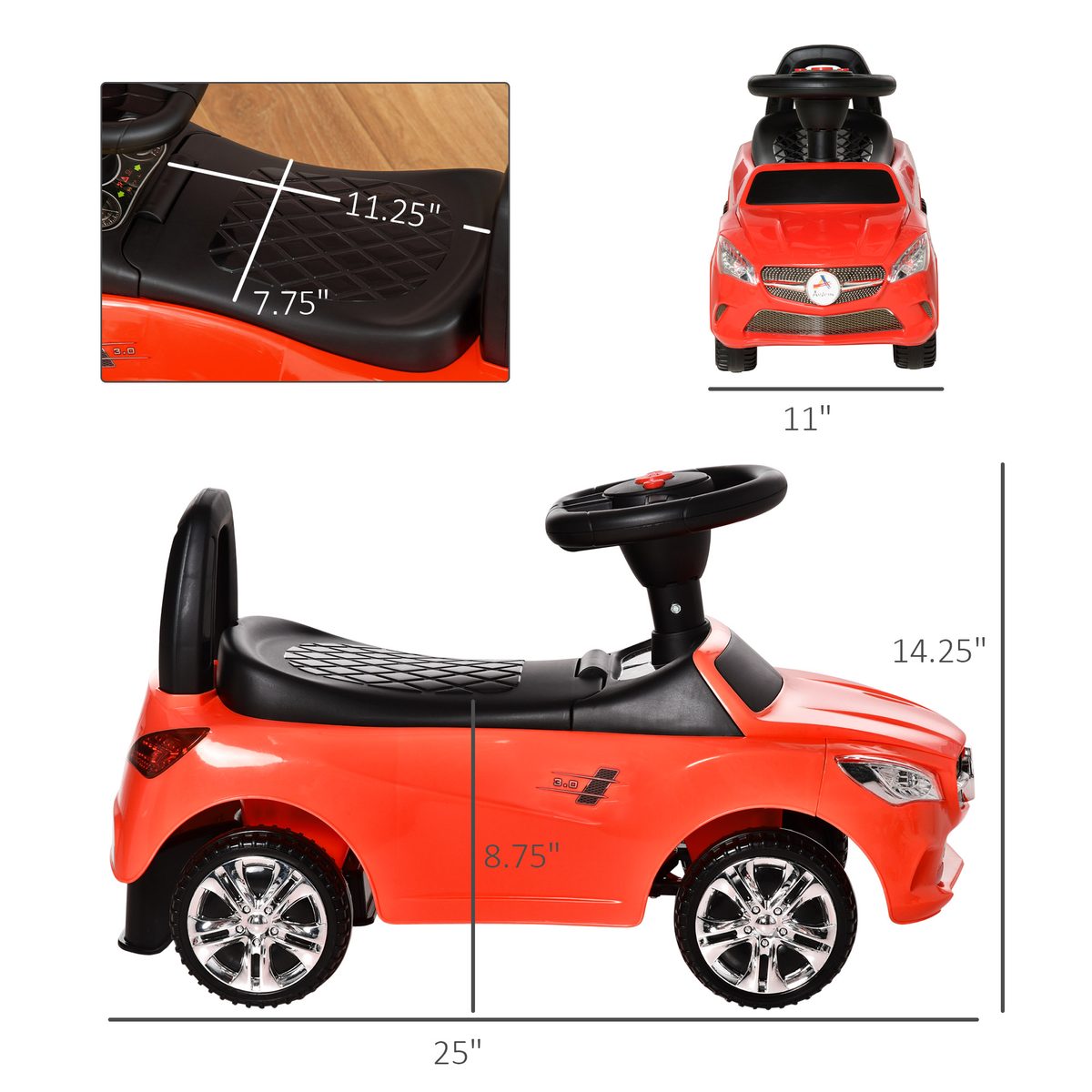 Aosom Kids Ride On Push Car, Foot-to-Floor Walking Sliding Toy Car for Toddler with Under Seat Storage, Music, Headlights Red