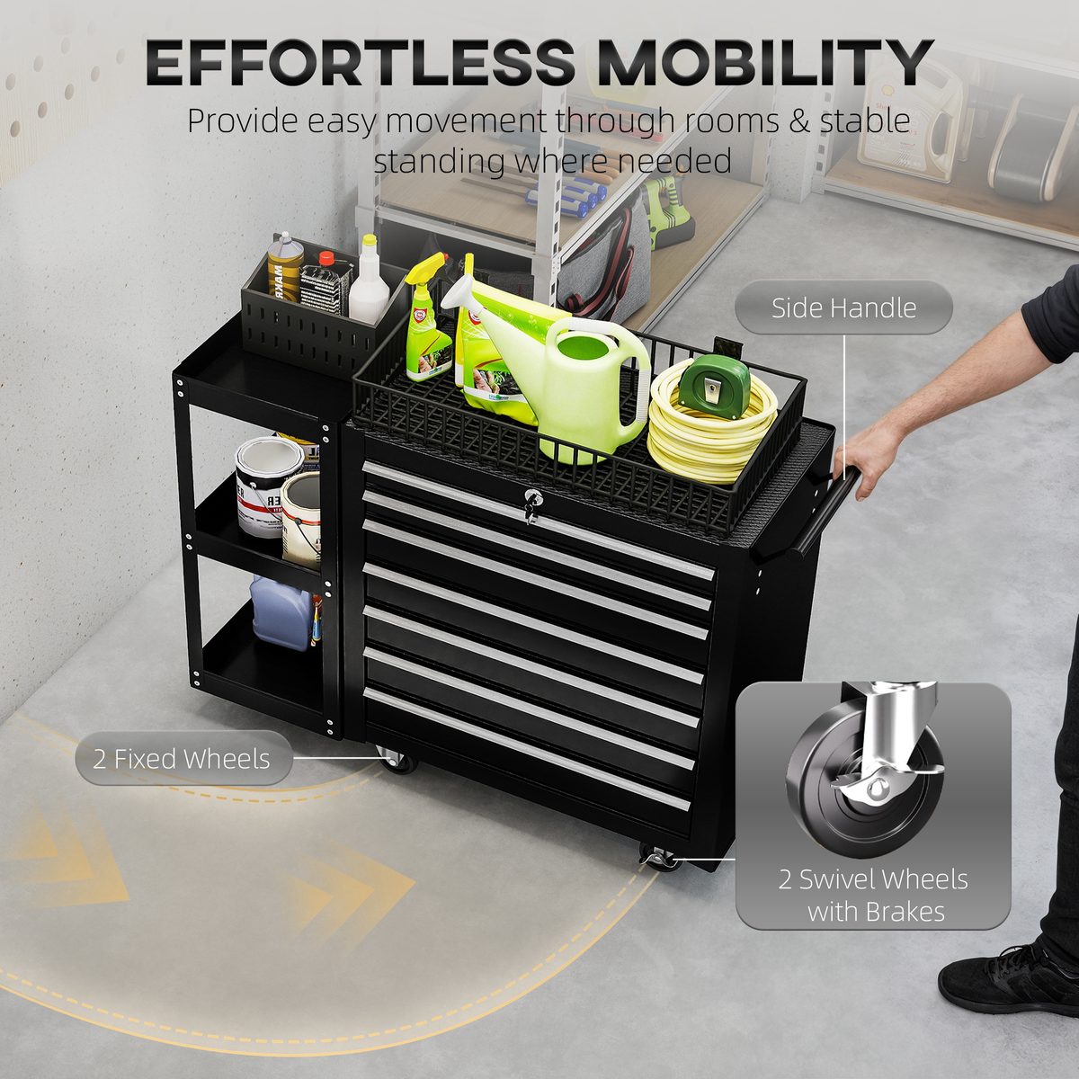  7-Drawer Rolling Tool Chest with Detachable Side Shelf, Lockable Tool Cabinet Box Organizer with Wheels, Black