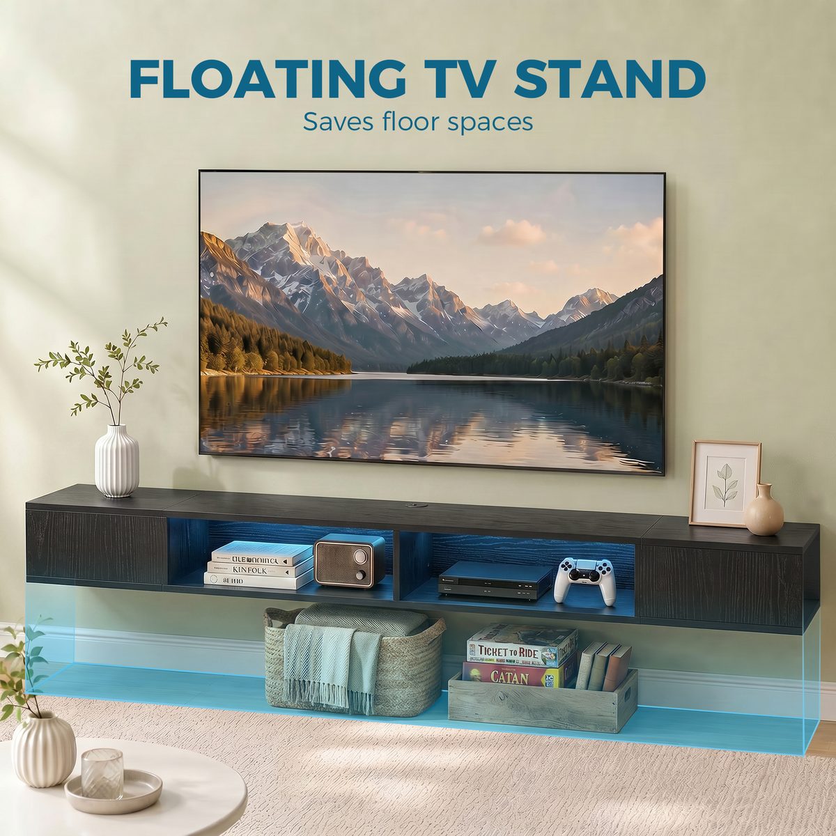  TV Stand with RGB LED Lights, Entertainment Center with Open Shelves for 75 Inch TV, Black Wood Grain