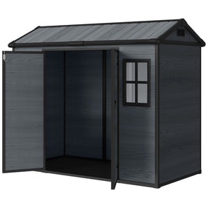  8 x 4 ft Plastic Garden Shed, Wood-Effect Outdoor Storage Shed with Floor, Windows, Lockable Doors and Vents, Dark Grey