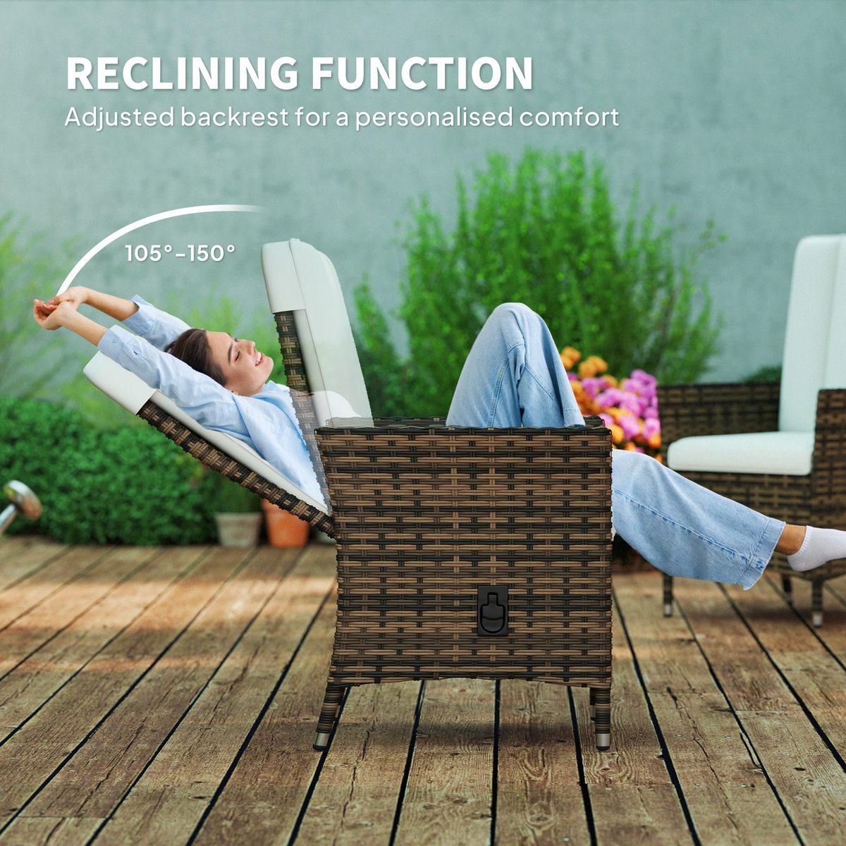  Wicker Outdoor Recliner Chair, Wicker Reclining Patio Chair with Adjustable Backrest and Cushion, Cream White