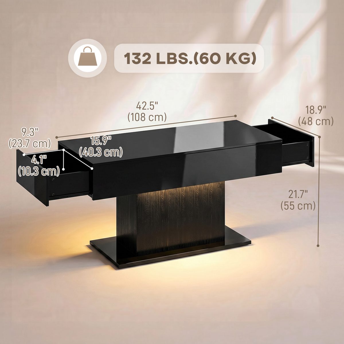  LED Coffee Table with Storage, High Gloss Modern Center Table with 2 Drawers and Remote Control for Living Room, Black