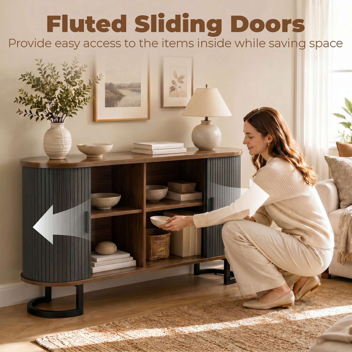  Fluted Sideboard Buffet Cabinet, 55" Modern Coffee Bar Cabinet with Sliding Doors and Adjustable Shelves, Black