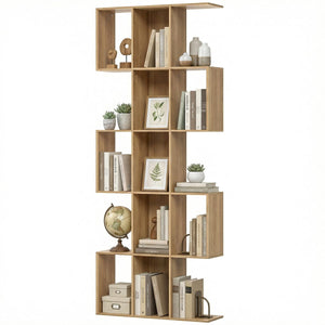  5-Tier Bookshelf, S Shaped Geometric Bookcase with 15 Compartments, Oak