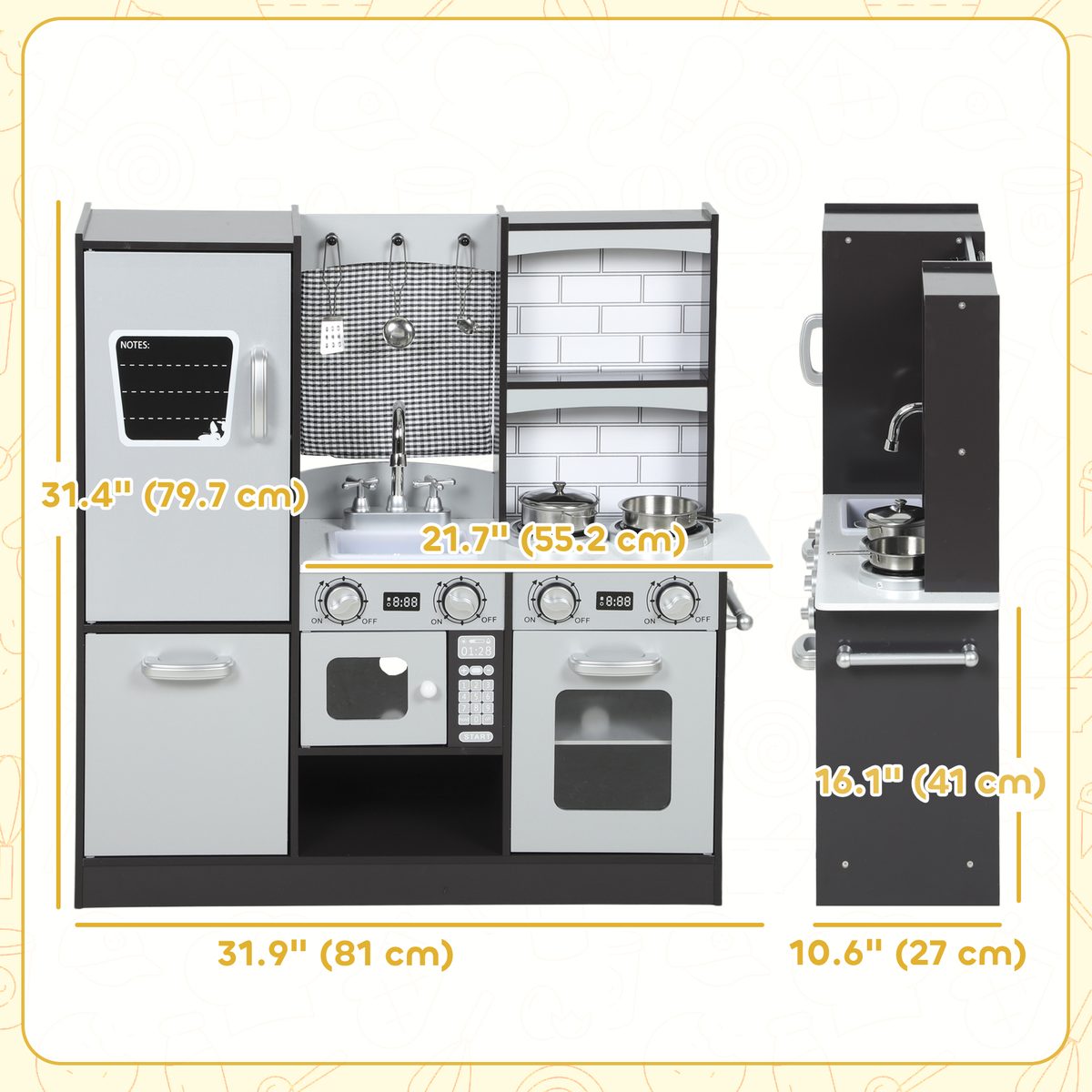 Qaba Play Kitchen for Kids, Pretend Kids Kitchen Playset with Switch Knob Sound, Accessories for Ages 3-8 Years, Dark Brown