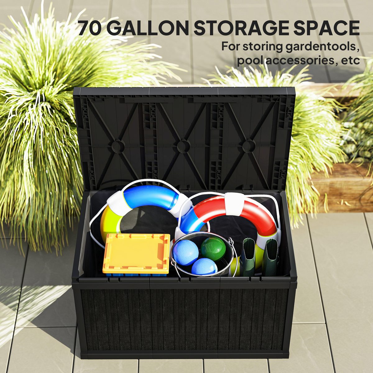  70 Gallon Deck Box, Resin Outdoor Storage Box with Handles, Waterproof Storage Container for Garden Tools, Black