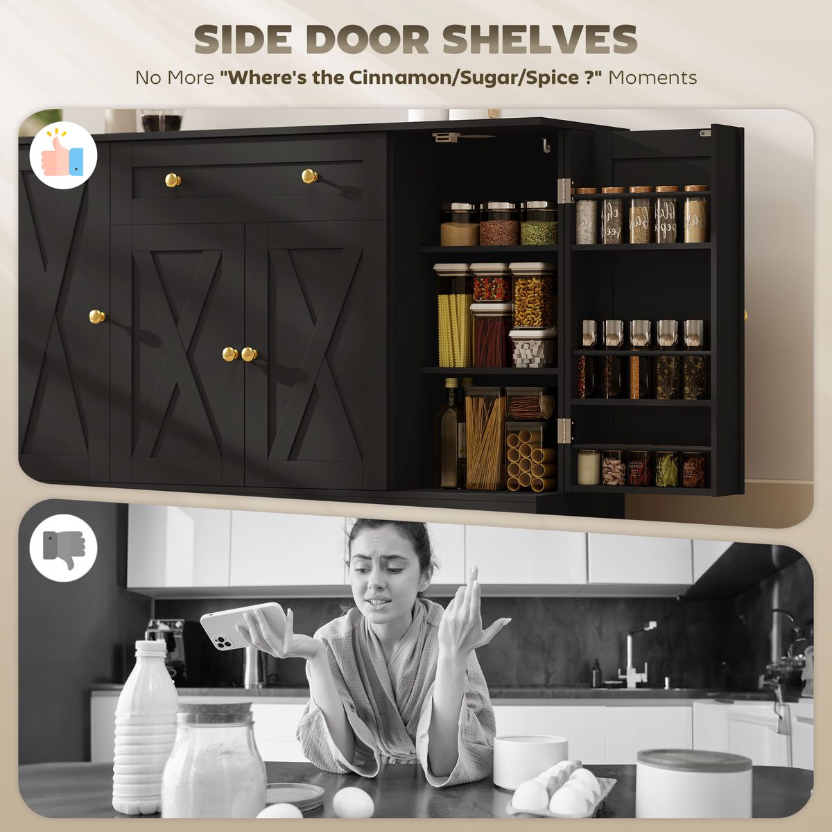  Sideboard Buffet Cabinet, Farmhouse Coffee Bar Cabinet with Door Shelves, Adjustable Shelves, Drawer, Barn Doors, Black